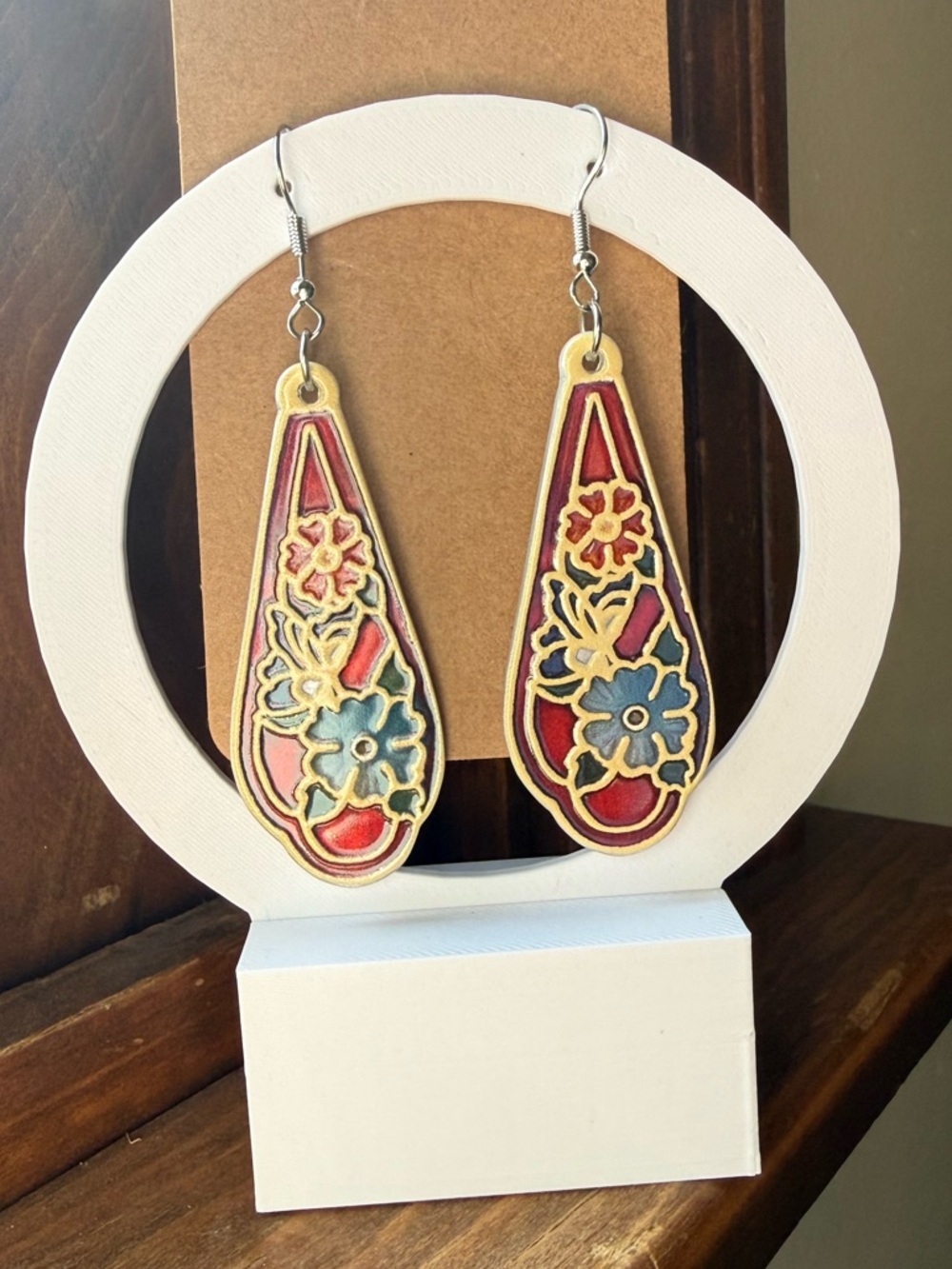 Handcrafted Floral Teardrop Earrings in Red and Blue